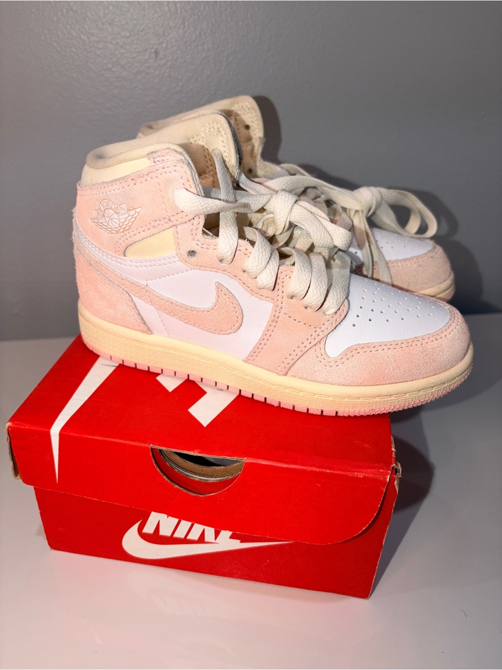 Jordan Retro 1 OG- Kids' Pink and White High-Top Size 12C
